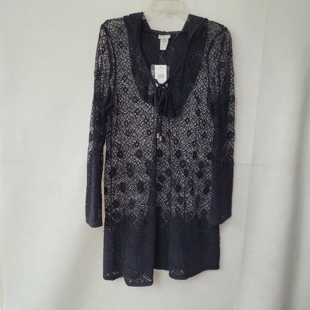 Wearabouts Coverup Womens M Black Beach Hooded Crochet Sheer‎ Coverup New